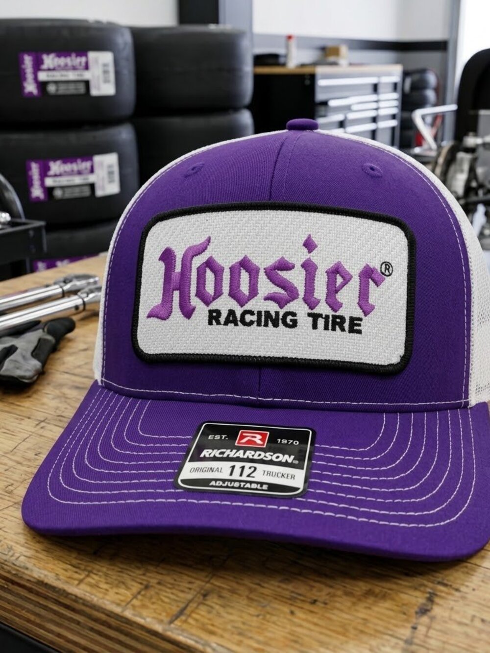 Retro Hoosier Racing Tire Hat Drag Slicks Purple White Richardson 112 Cap USA Ne